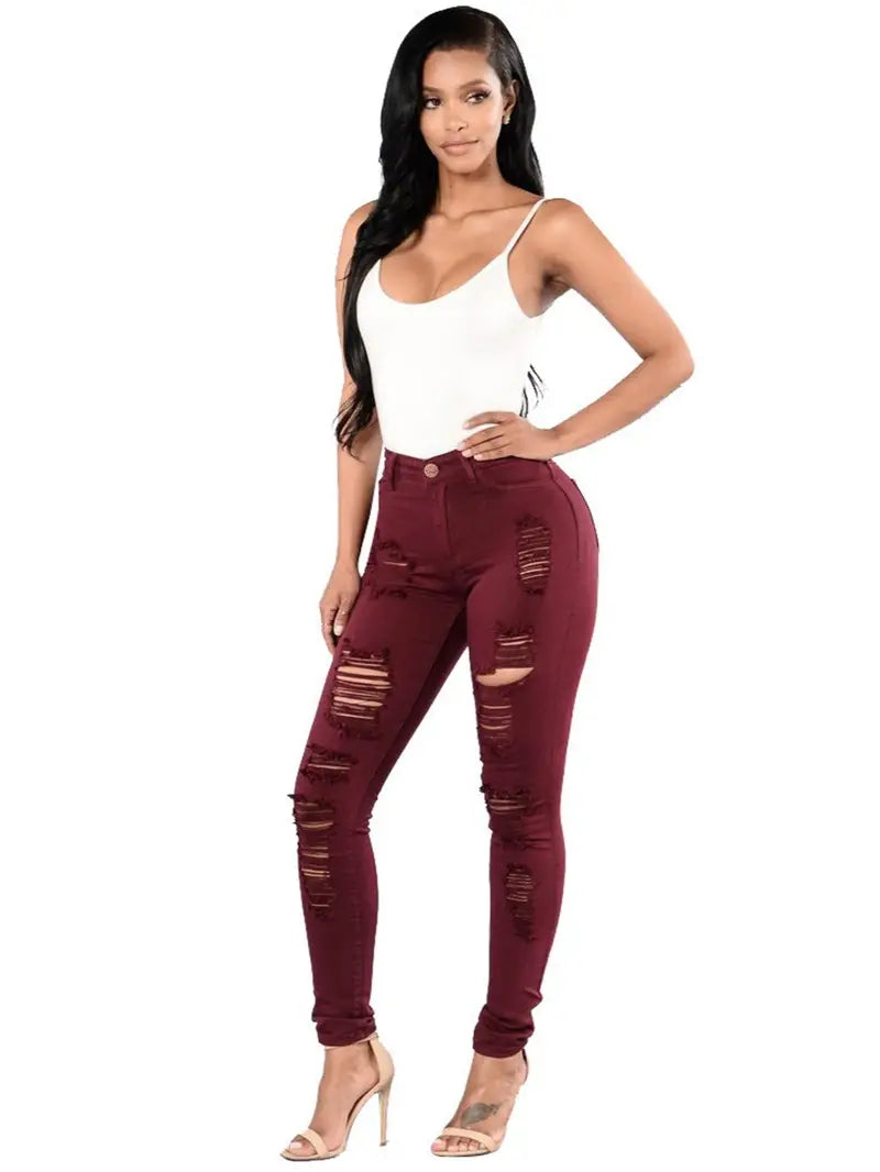High-Rise Distressed Skinny Jeans in Burgundy & Olive