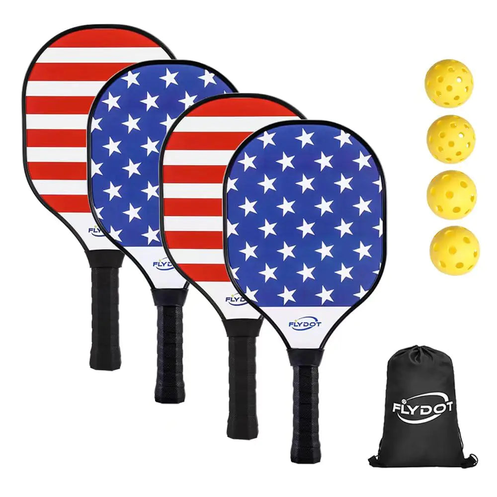 Flydot Pickleball Paddles Pickleball Set of 4 Paddles Blue&Red 4 Indoor&Outdoor Pickleball Balls and 1 Carry Bag Wood Pickleball Paddles for Beginner Pickleball Rackets with Ergonomic Cushion Grip