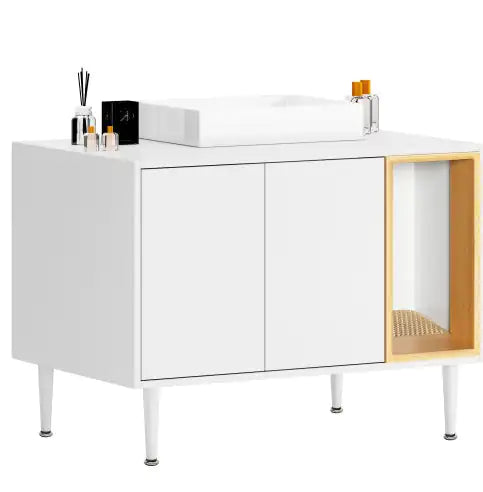Bathroom Sink Cabinet With Cat Litter Box Enclosure, Hidden Litter Pet Washroom With Divider, Indoor Cat House For Large Cats, Wooden Cabinet Furniture, White