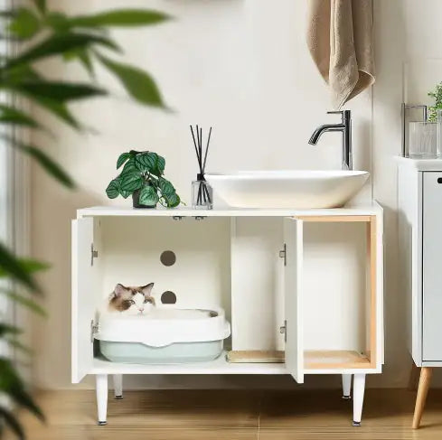 Bathroom Sink Cabinet With Cat Litter Box Enclosure, Hidden Litter Pet Washroom With Divider, Indoor Cat House For Large Cats, Wooden Cabinet Furniture, White