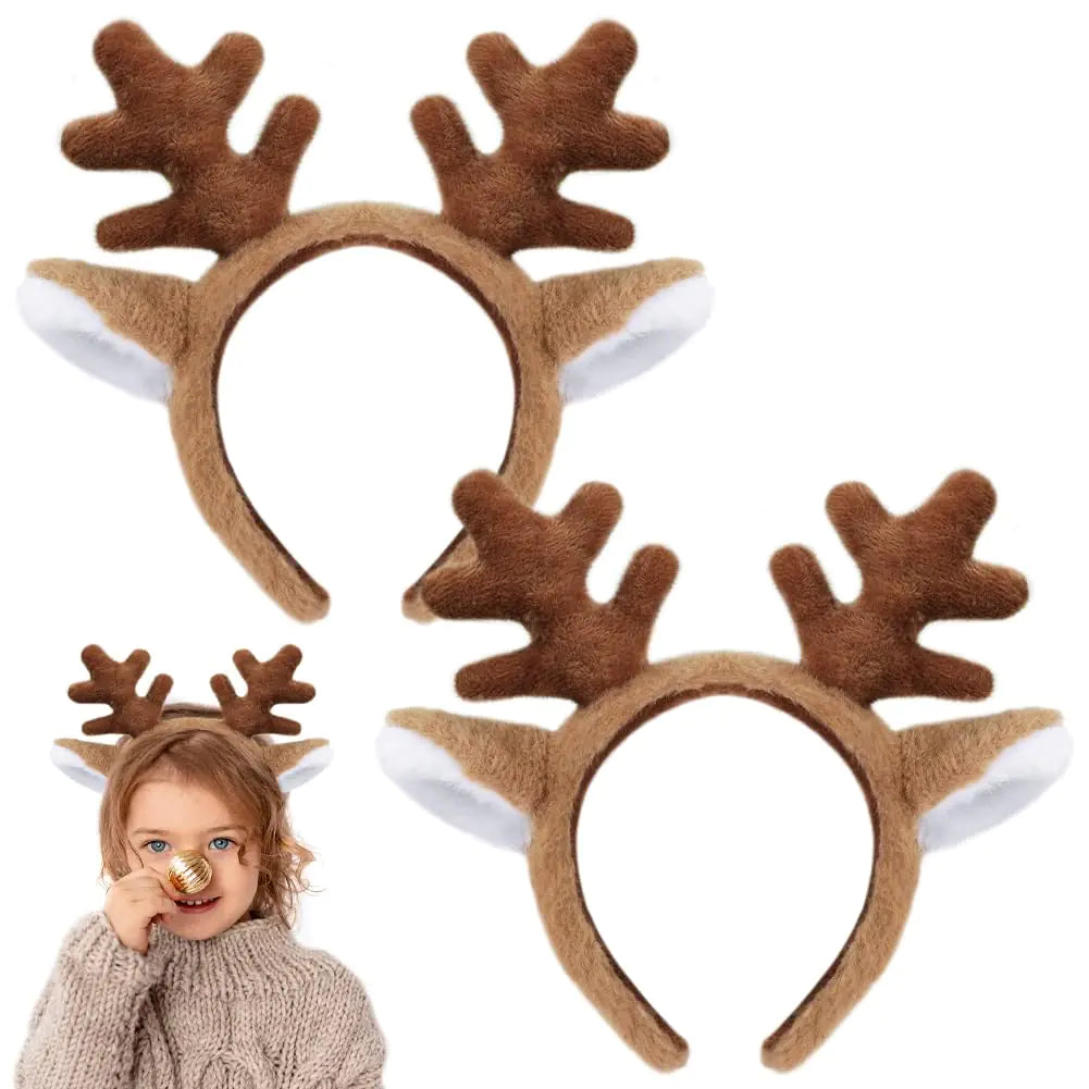 Shintop Reindeer Antlers Headbands 2pcs Fluffy Deer Ears Headbands Realistic Christmas Headwears Cute Deer Costume Accessories Halloween Party Cosplay (Brown)