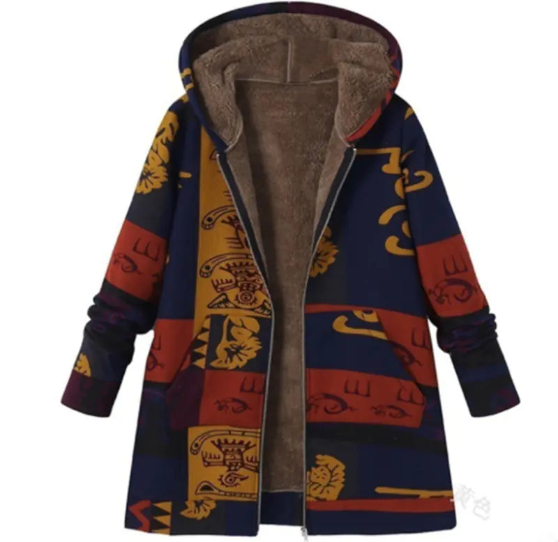 Ethnic Print Hooded Fleece Cotton Coat Jacket