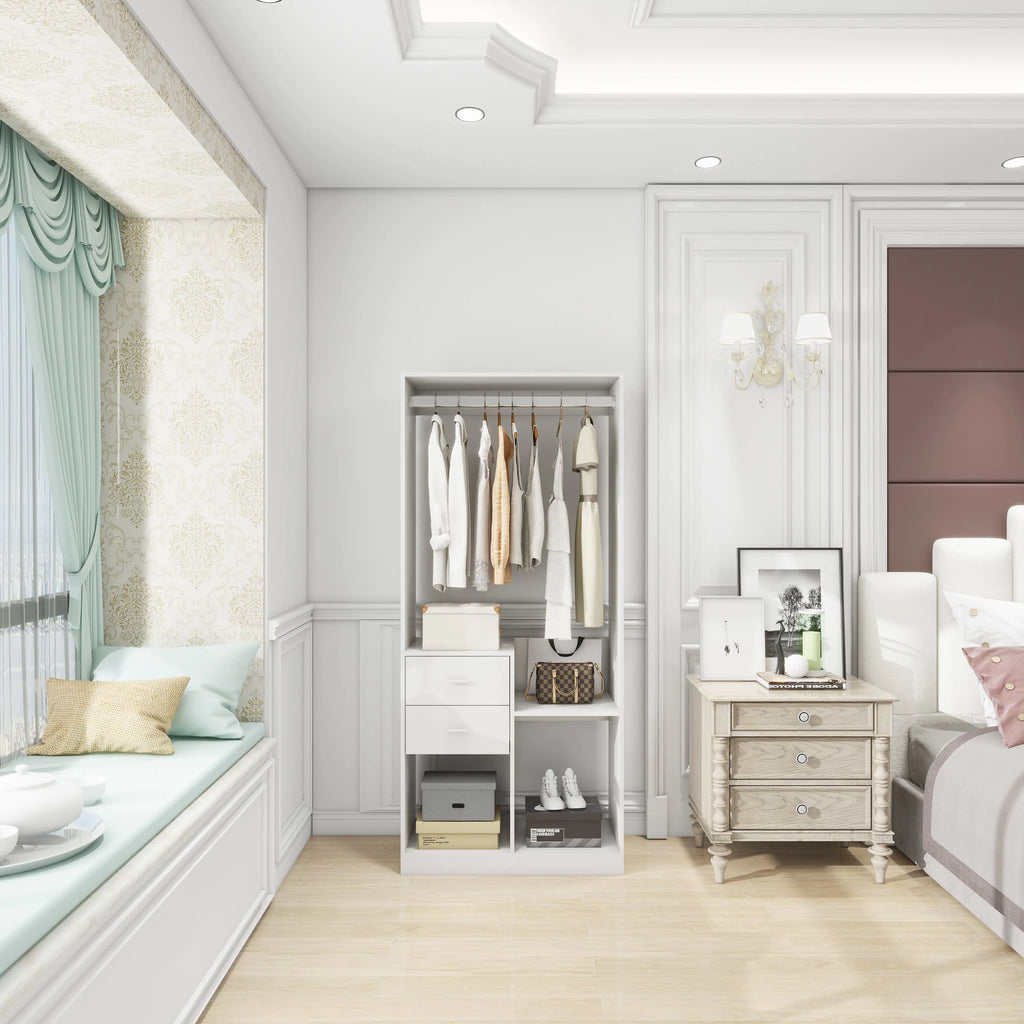 302 Freestanding Closet System 71"H Closet System with Drawers, Wooden Wardrobe Closet Organizer System with Closet Drawers, clothes organizer Clothing Racks for Hanging Clothes with Closet Shelves Wall Mounted, White