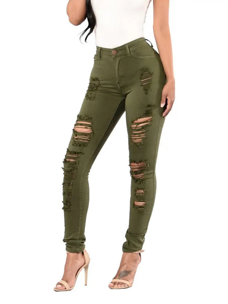 High-Rise Distressed Skinny Jeans in Burgundy & Olive