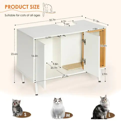 Bathroom Sink Cabinet With Cat Litter Box Enclosure, Hidden Litter Pet Washroom With Divider, Indoor Cat House For Large Cats, Wooden Cabinet Furniture, White