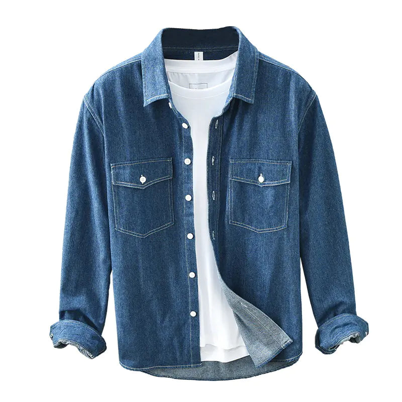 Men's Vintage Cotton Long Sleeve Denim Shirt with Pockets