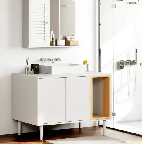 Bathroom Sink Cabinet With Cat Litter Box Enclosure, Hidden Litter Pet Washroom With Divider, Indoor Cat House For Large Cats, Wooden Cabinet Furniture, White