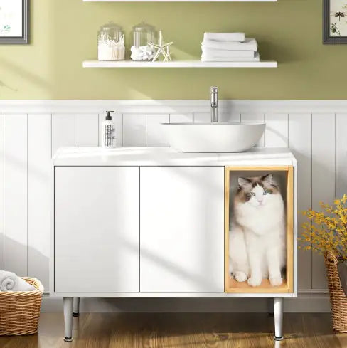 Bathroom Sink Cabinet With Cat Litter Box Enclosure, Hidden Litter Pet Washroom With Divider, Indoor Cat House For Large Cats, Wooden Cabinet Furniture, White