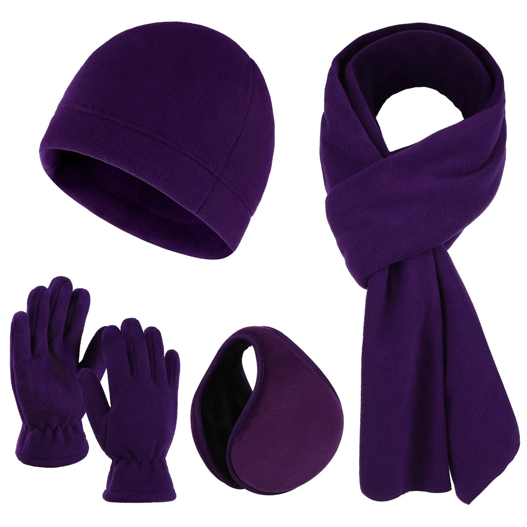 URATOT 4 Pack Womens Winter Warm Set Thickened Polar Fleece Gloves Beanie Hat Scarf and Earmuff Purple