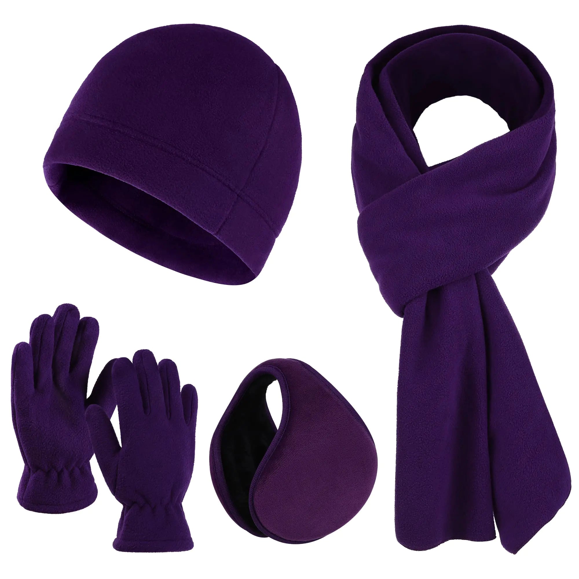 URATOT 4 Pack Womens Winter Warm Set Thickened Polar Fleece Gloves Beanie Hat Scarf and Earmuff Purple