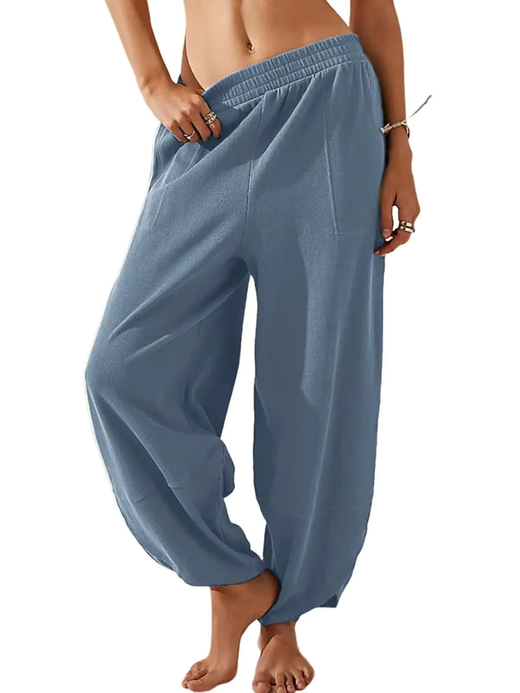 EGUGYDW Womens Baggy Wide Leg Pants Elastic High Waisted Palazzo Harem Trousers with Pockets Blue S