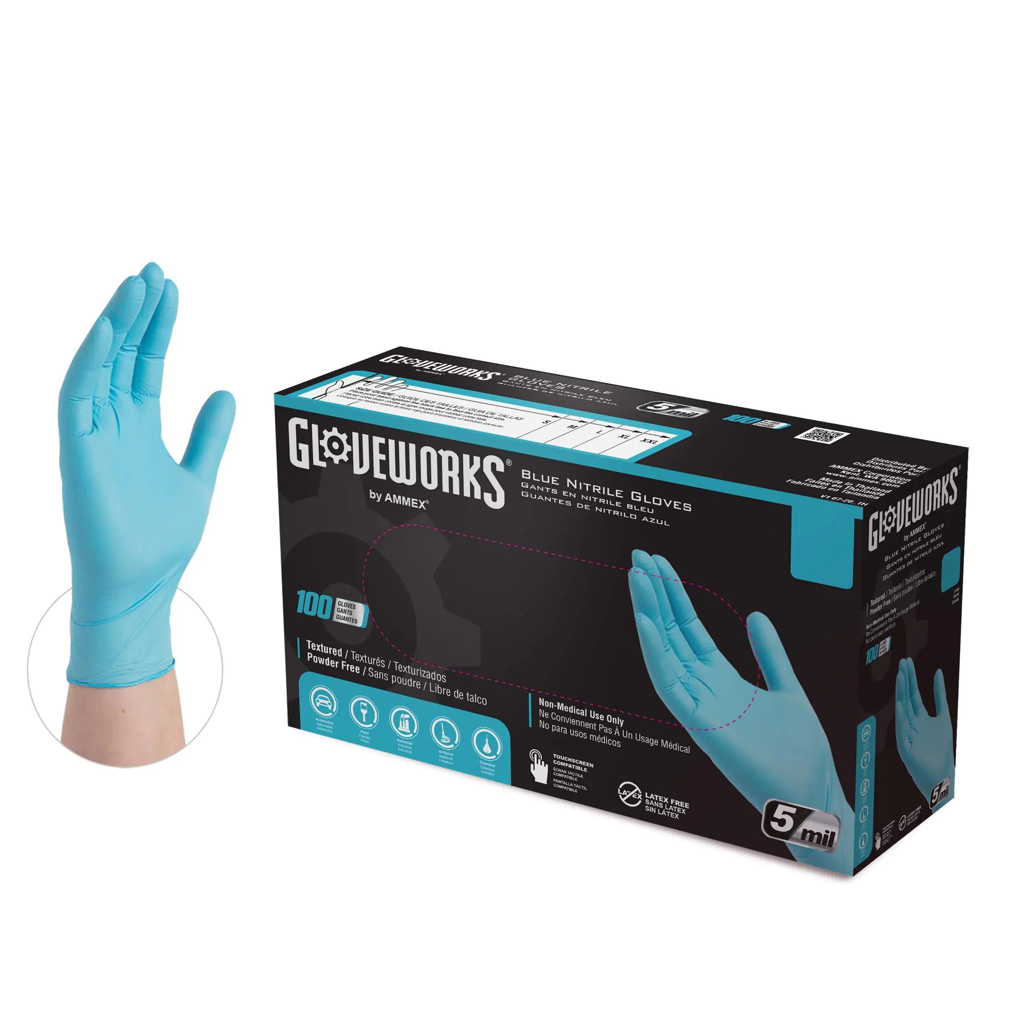GLOVEWORKS Blue Disposable Nitrile Industrial Gloves 5 Mil Latex & Powder-Free Food-Safe Textured X-Large Box of 100