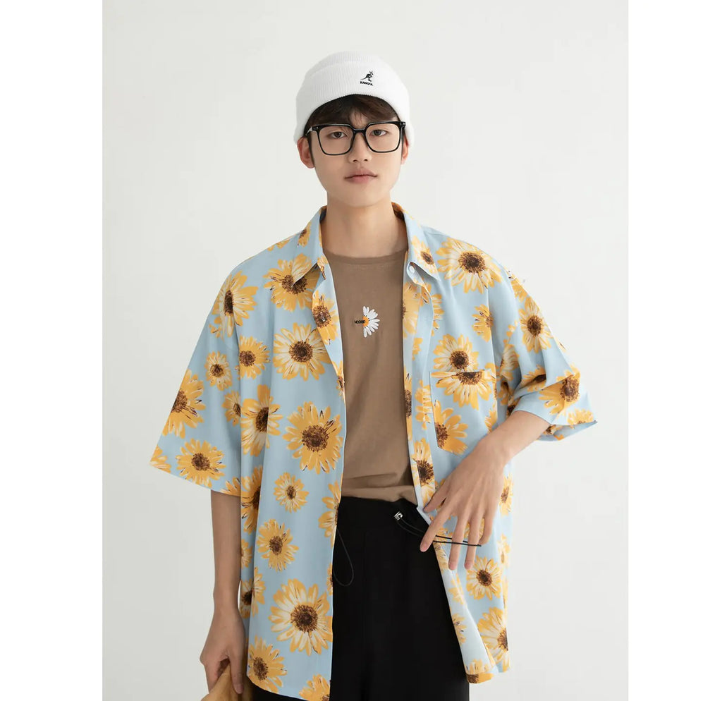 Men's Summer Short Sleeve Floral Shirt with Unique Collar