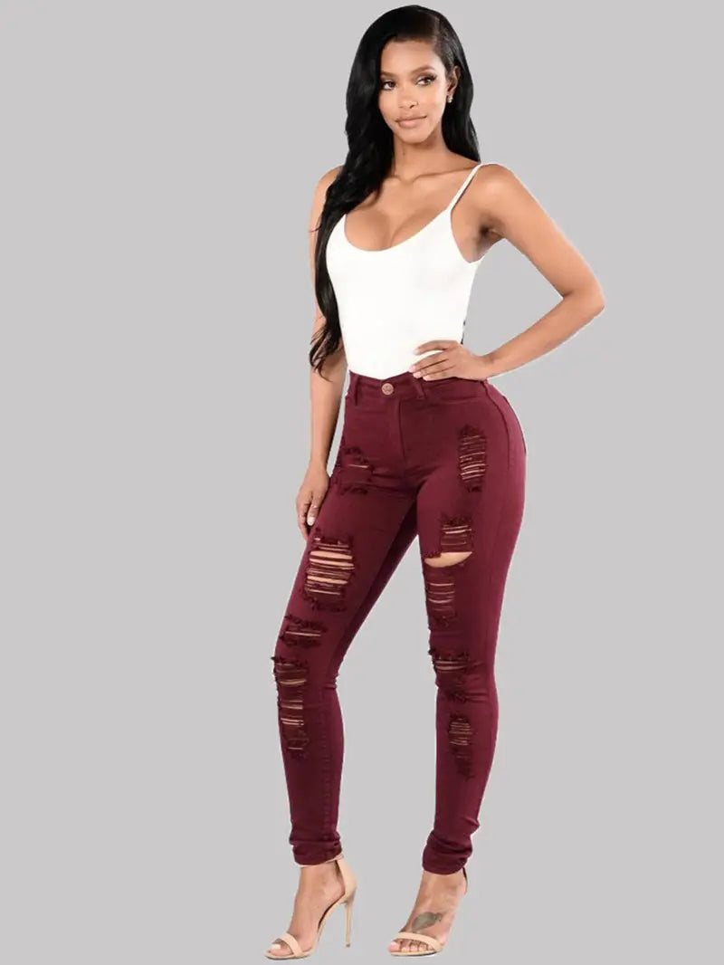 High-Rise Distressed Skinny Jeans in Burgundy & Olive