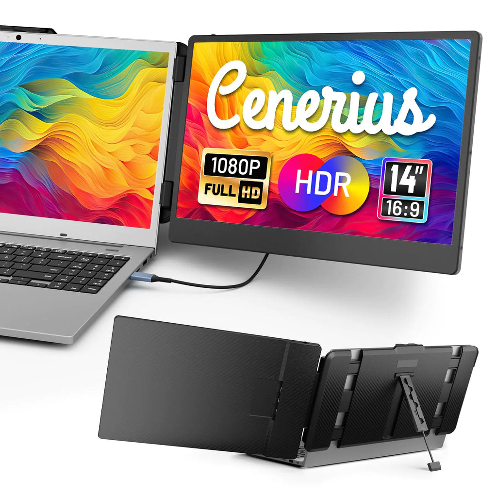 Cenerius 14" Laptop Screen Extender FHD 1080P IPS Portable Monitor for Laptop Dual Screen Monitor Extender Compatible with 13"-17" Laptops HDMI/USB-A/USB-C Plug-Play for Windows Mac Android