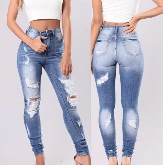 High Rise Distressed Skinny Jeans with Plicated Hem