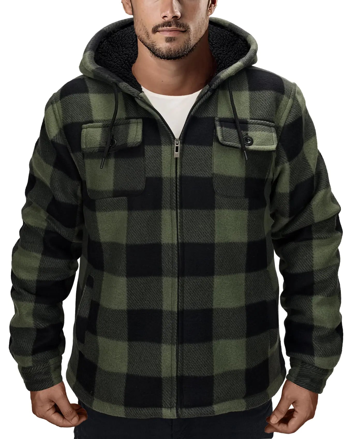 Genafy Zip Up Fleece Hoodies for Men Lined Sherpa Jacket Men Plaid Flannel Hoodie Mens Winter Coats Thermal Jackets Thick Sweatshirts Full Zip Heavyweight Outwear Green 4XL