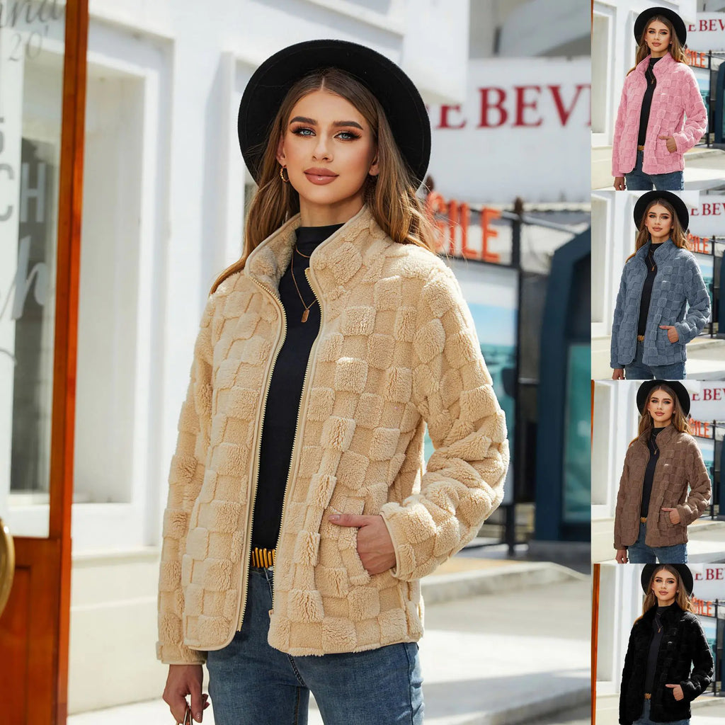 Autumn Winter Women's Loose Plaid Fleece Jacket