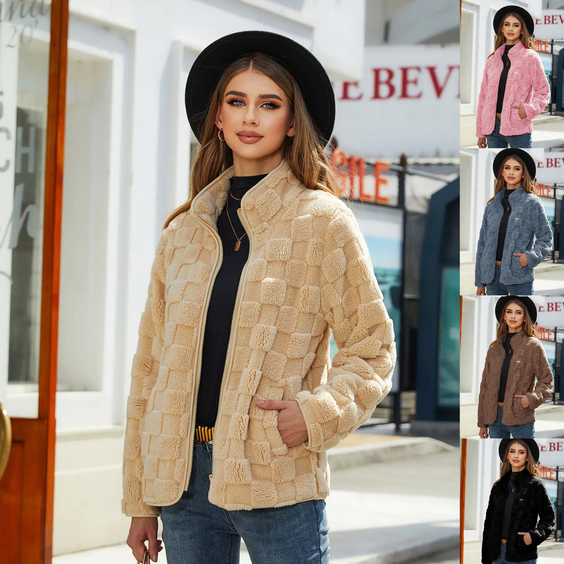 Autumn Winter Women's Loose Plaid Fleece Jacket