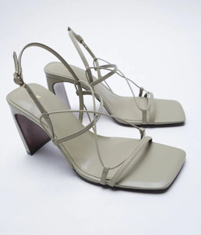 Fashionable Leather High-Heeled Sandals with Thick Heel