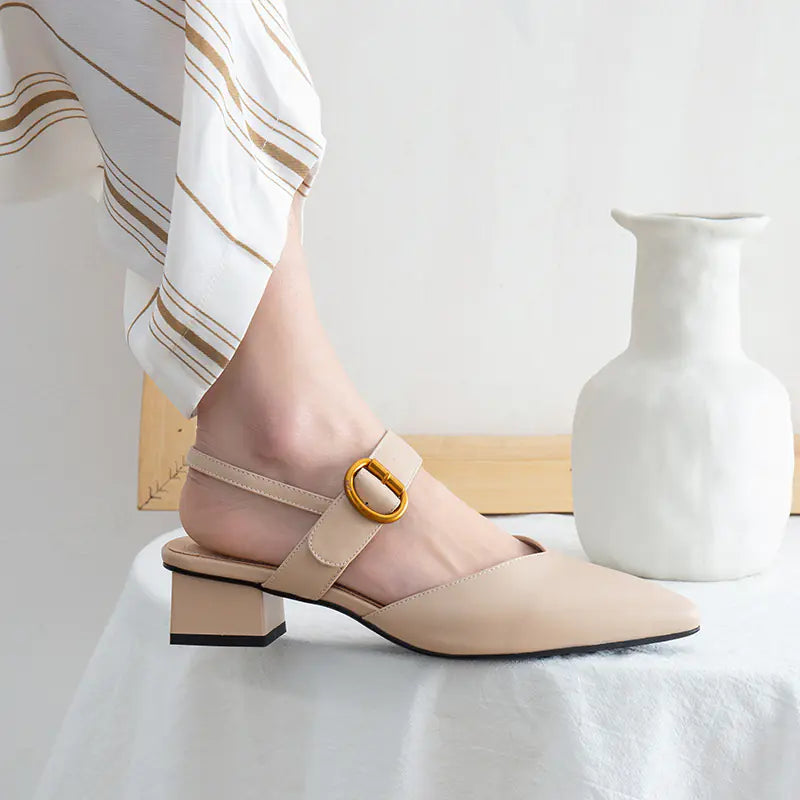 Women's Mid-Heel Cowhide Square Toe Buckle Sandals