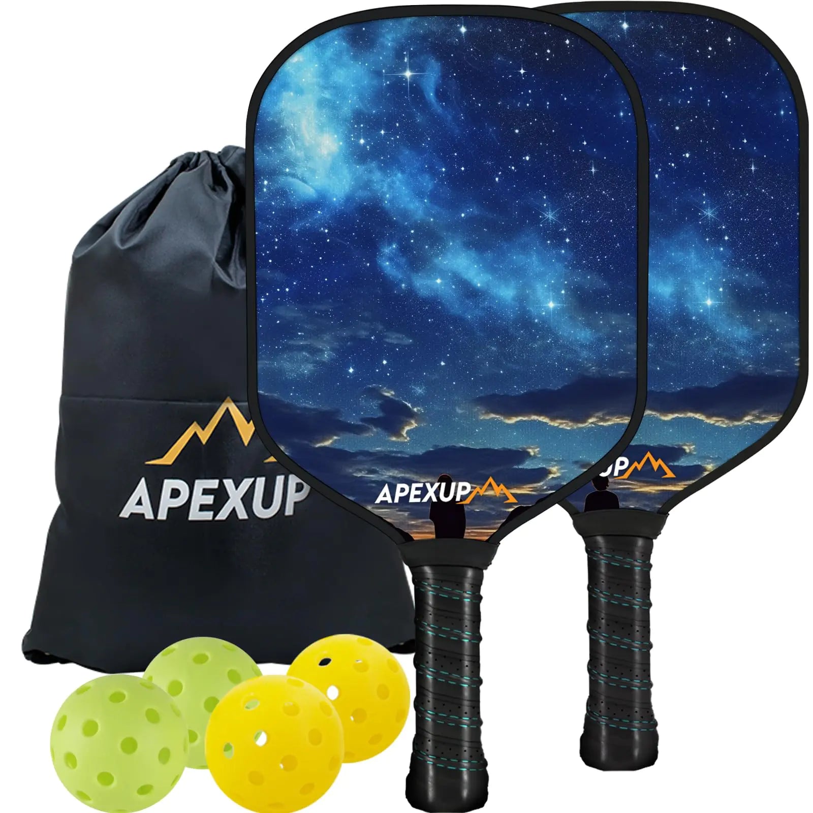 APEXUP Fiberglass Pickleball Paddles Premium Pickleball Paddles Set of 2 Pickle Ball Set with Ergonomic Cushion Grip 2 Pickleball Rackets 4 Pickleball 1 Portable Bag (Starry Sky)