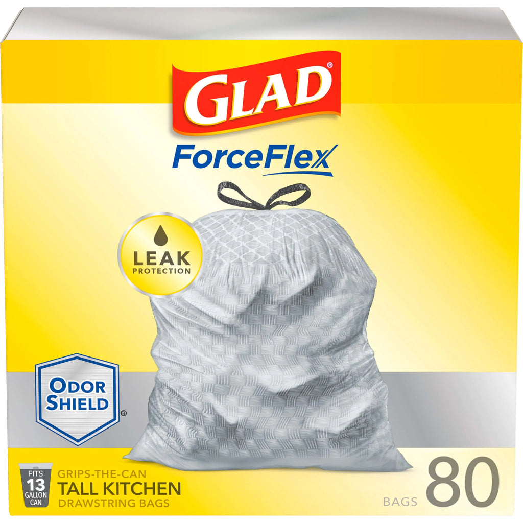 Glad Trash Bags ForceFlex Tall Kitchen Drawstring Garbage Bags 13 Gal OdorShield 80 Ct