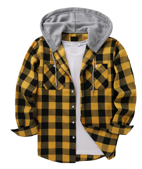 Men's Loose Hooded Plaid Long Sleeve Shirt Jacket