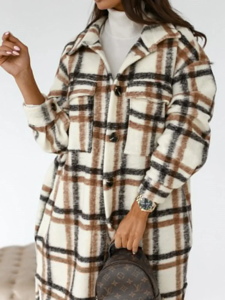 Women's Long Sleeve Wool Plaid Trench Coat for Fall