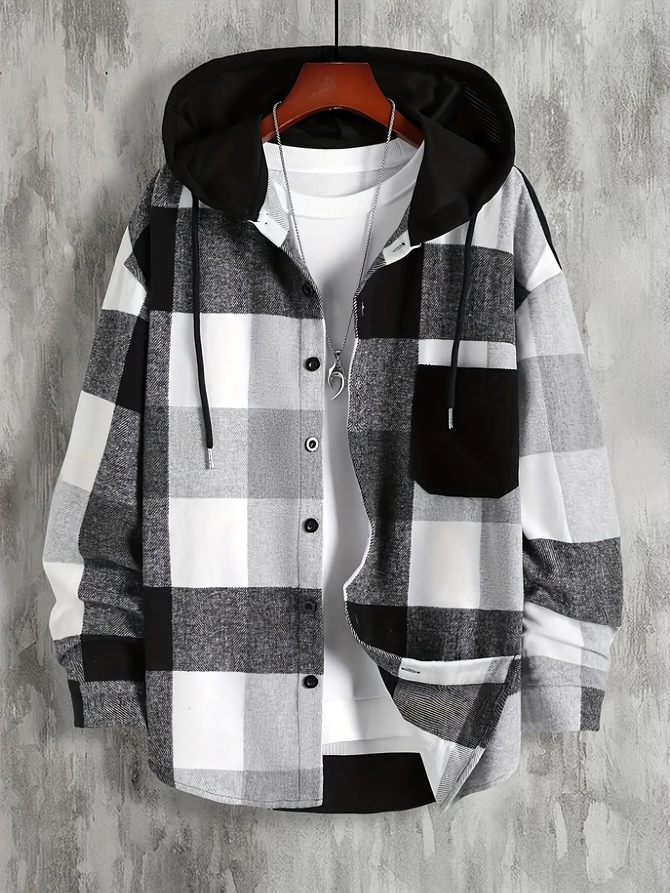 Men's Hooded Plaid Long Sleeve Shirt with Pockets
