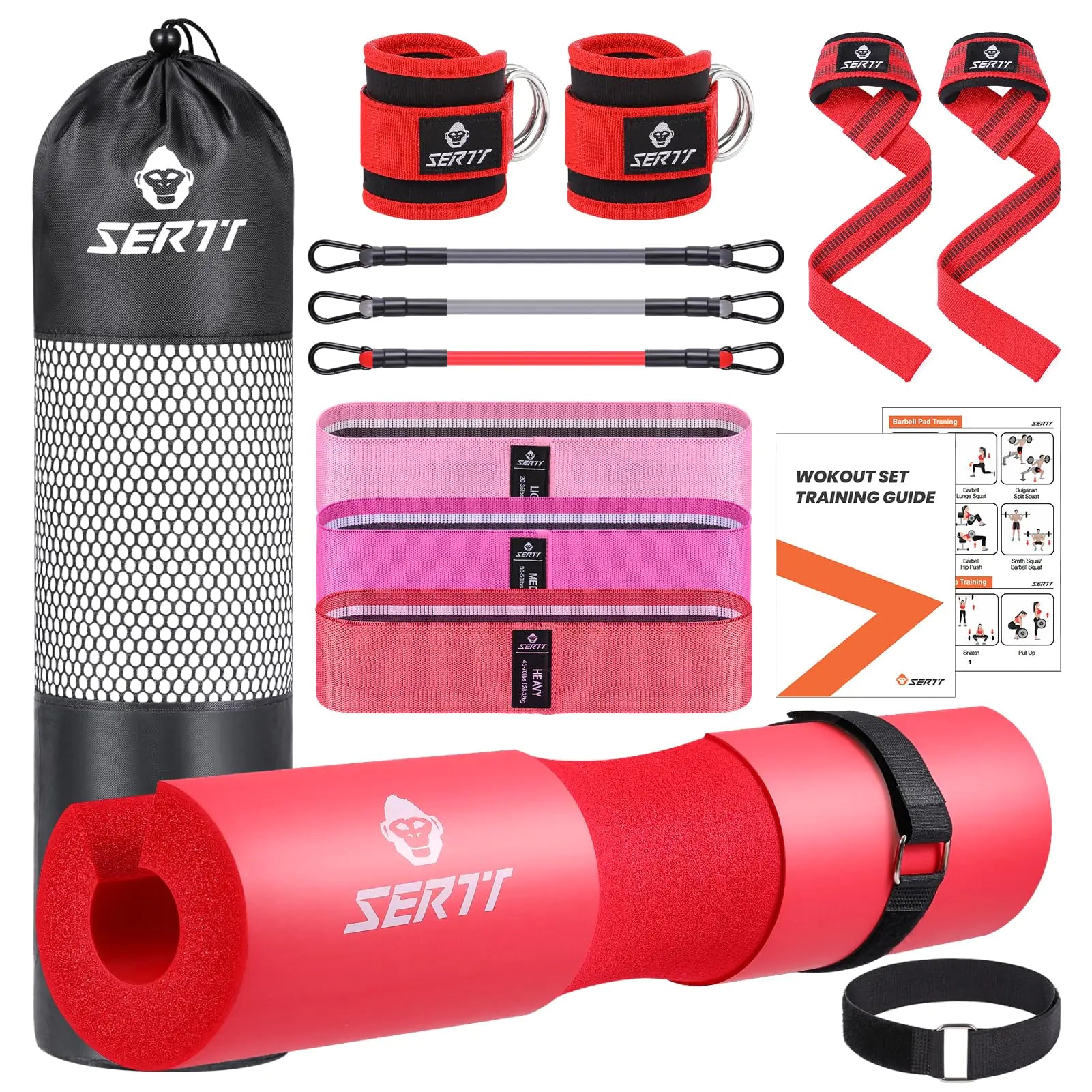 12Pcs Foam Barbell Pad Set for Squats SERTT Hip Thrust Pad Gym Essentials Set for Workout 1 Gym Pad 1 Carry Bag 2 Lifting Strap 2 Ankle Cuffs 3 Ankle Risistance Band 3 Hip Resistance Bands