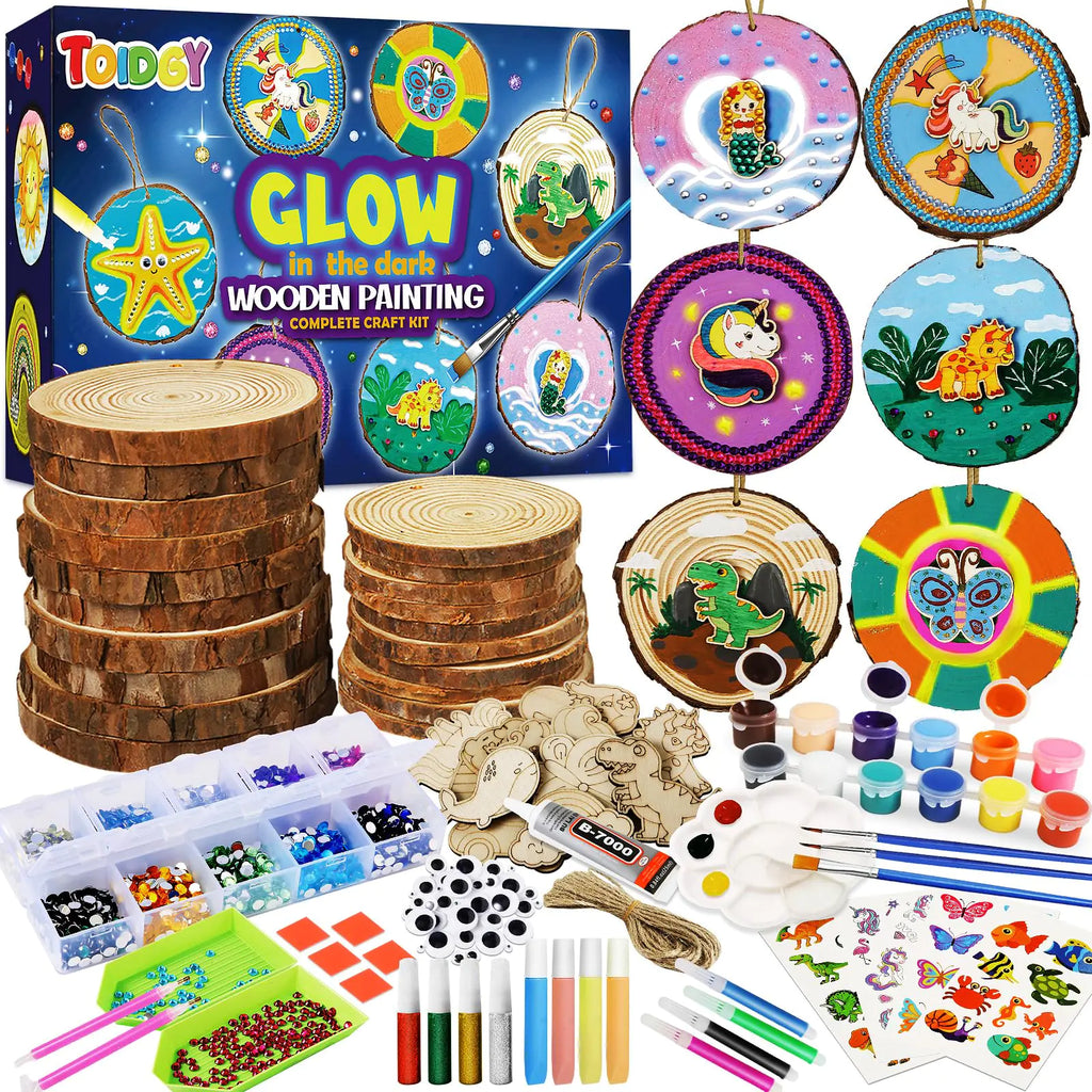 Wooden Painting Kit-Glow in The Dark Arts and Crafts for Kids Ages 8-12 Craft Gifts for Girls Boys with Wood Slices Craft Kits for Kids Ages 4-8 Craft Supplies Art Projects for Kids 6-8