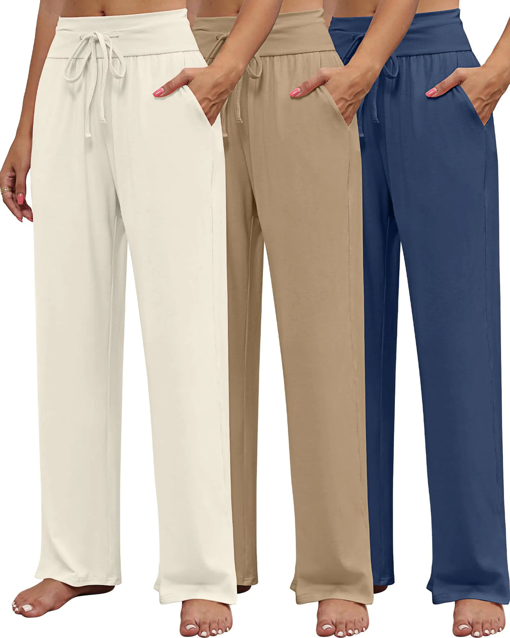 Neer 3 Pack Womens Lounge Pants Wide Leg Yoga Sweatpants with Pockets High Waisted Drawstring Lounge Loose Workout Jogger(Dark Blue Khaki Light Beige Small)