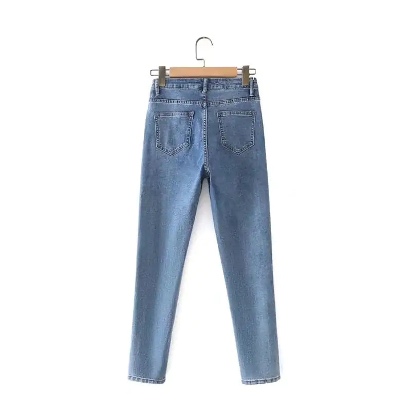 Loose Fit High Waist Blue Wash Denim Trousers for Women
