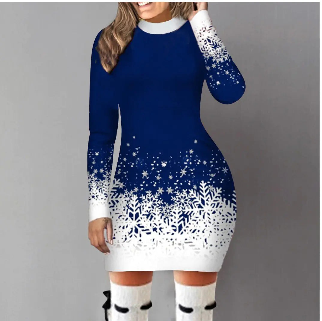 European American Christmas Printed Long Sleeve Dress