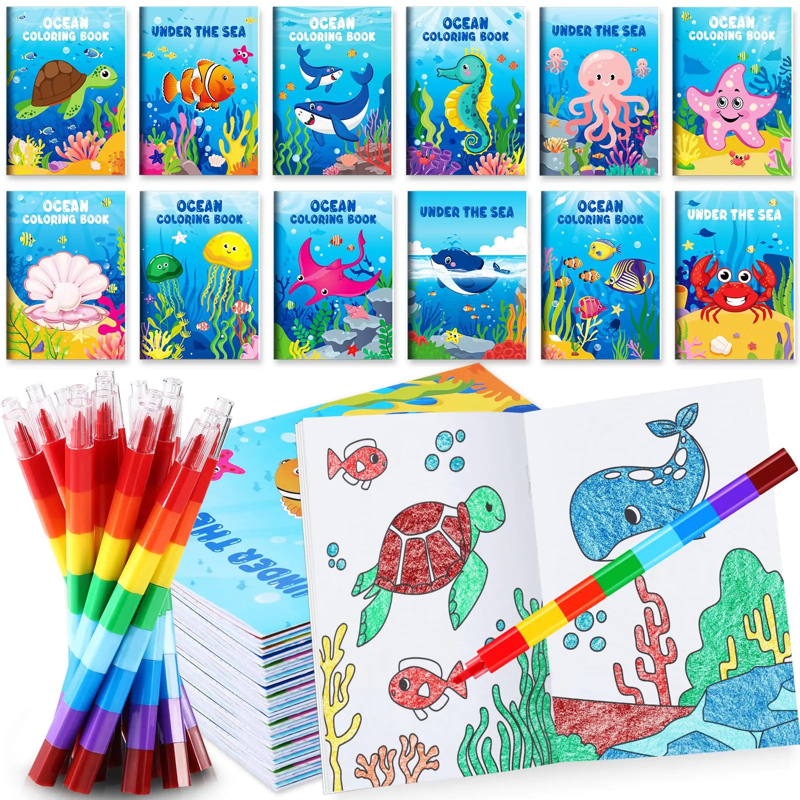 BenLouis 12 Under the Sea Mini Coloring Books Kids with 12 Stacking Crayons Ocean Animals Party Favors Small Activity Books Bulk for Kids Fish Birthday Party Gift Goodie Bag Stuffers