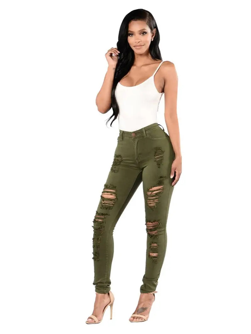 High-Rise Distressed Skinny Jeans in Burgundy & Olive