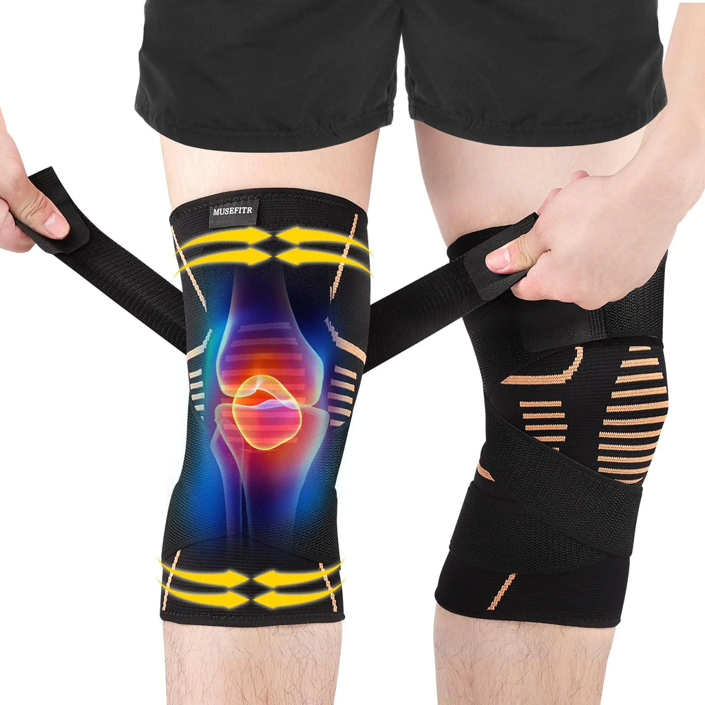 MUSEFITR Copper Knee Braces With Strap 2 Pack Compression Support for Pain Relief Meniscus Tear Arthritis Knee Sleeve for Running Medium
