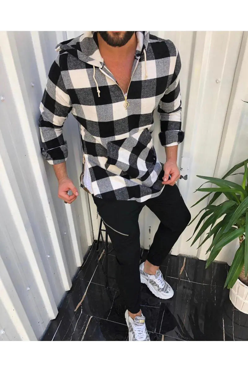 Men's Loose Hooded Plaid Long Sleeve Shirt Jacket