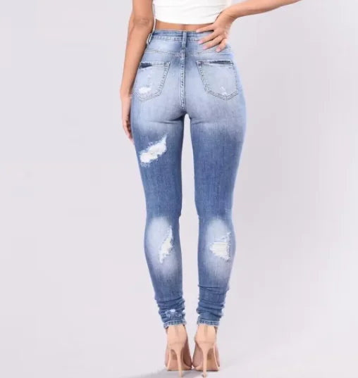 High Rise Distressed Skinny Jeans with Plicated Hem
