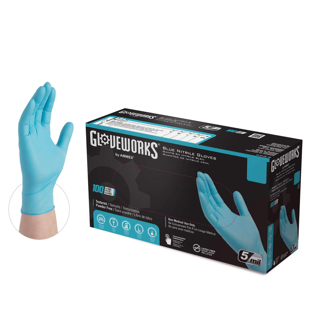 GLOVEWORKS Blue Disposable Nitrile Industrial Gloves 5 Mil Latex & Powder-Free Food-Safe Textured X-Large Box of 100