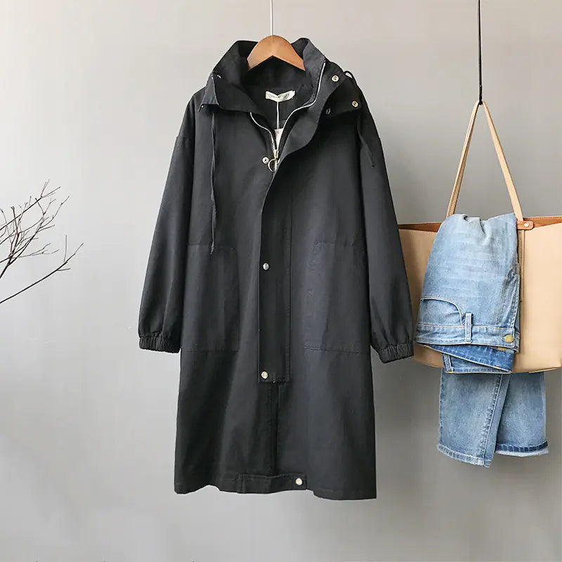 Women's Hooded Trench Coat - Mid-Length Casual Style