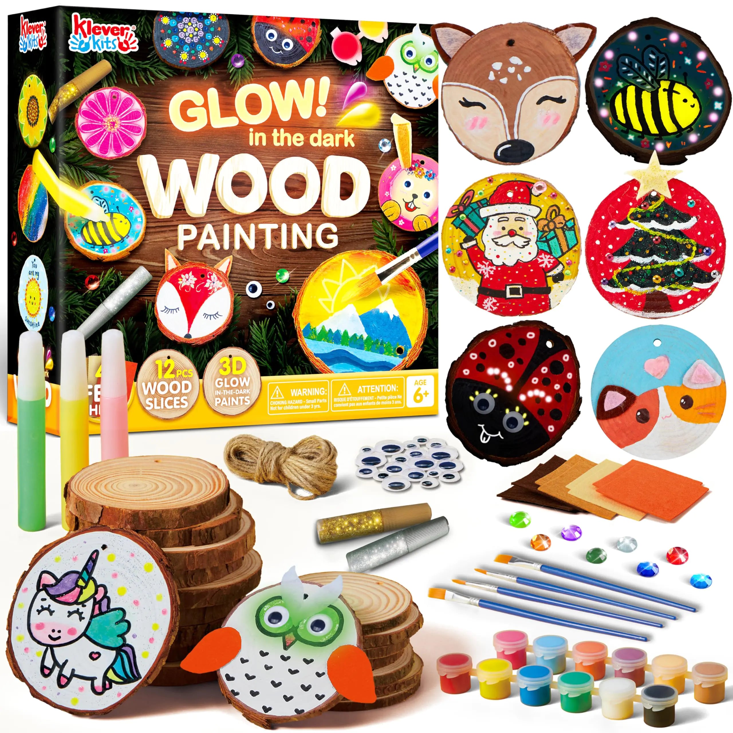 Klever Kits Wooden Painting Craft Kit-Glow in The Dark- Arts and Crafts for Kids Ages 6-12 Wood Slices with Art Activitiy Supplies Wood Crafts for Boys Girls Party Gift Christmas Tree Ornaments