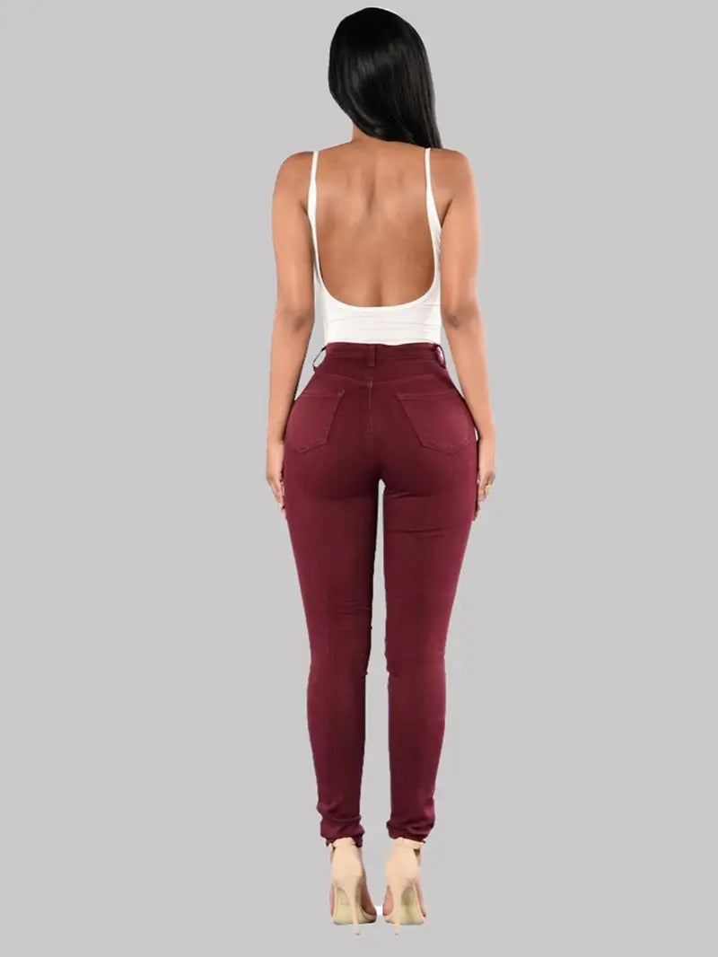 High-Rise Distressed Skinny Jeans in Burgundy & Olive