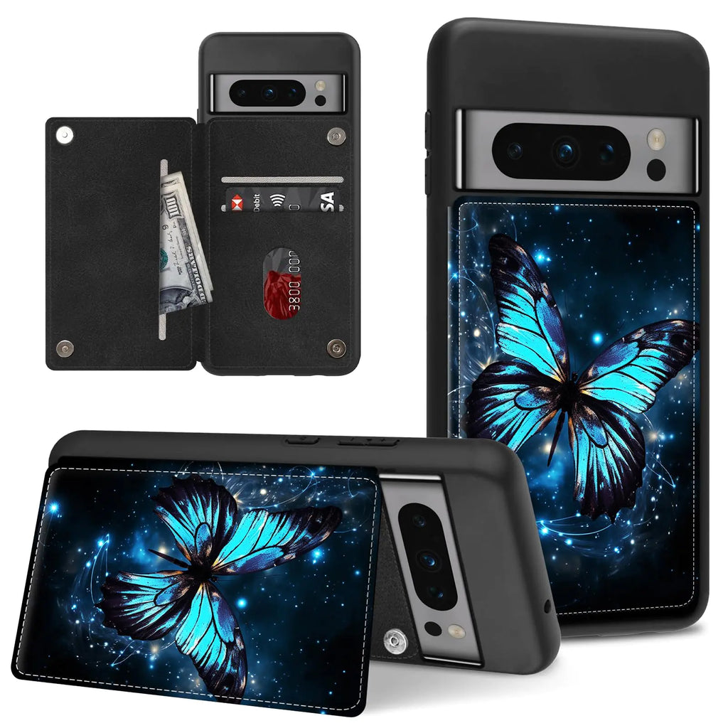 ACWDMKH for Google Pixel 8 Pro Case with Wallet Phone Case Card Holder PU Leather Kickstand Card Slots for Women MenDouble Magnetic Clasp Shockproof Wallet Case for Pixel 8 ProBlue Butterfly
