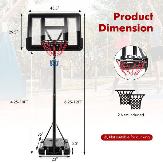 4.25-10 Feet Adjustable Basketball Hoop System w/ 44 Inch Backboard