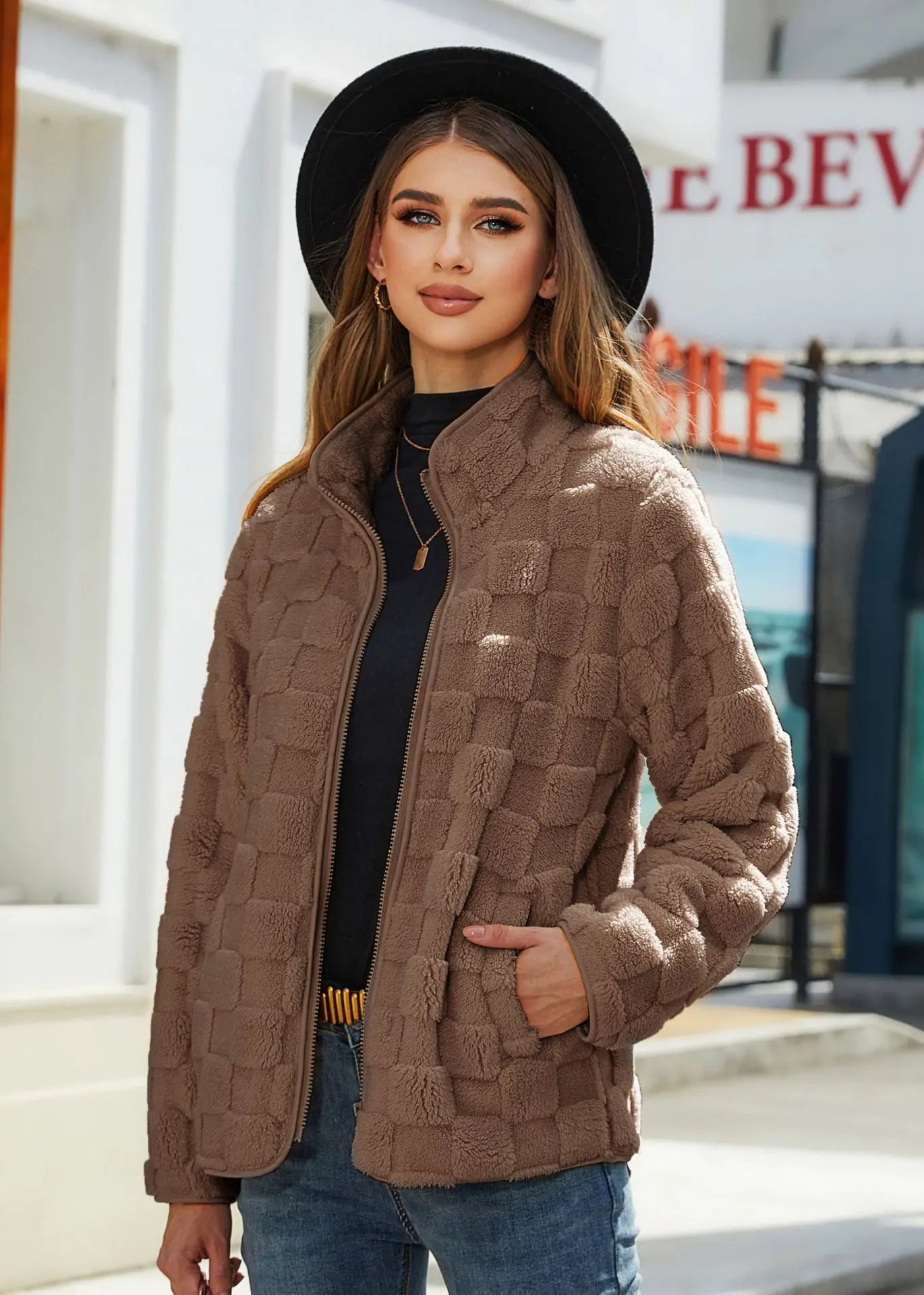 Autumn Winter Women's Loose Plaid Fleece Jacket