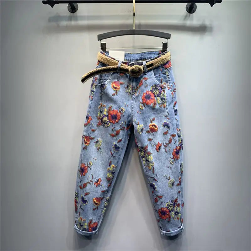 Casual Baggy Jeans with Floral Print for Harem Fashion