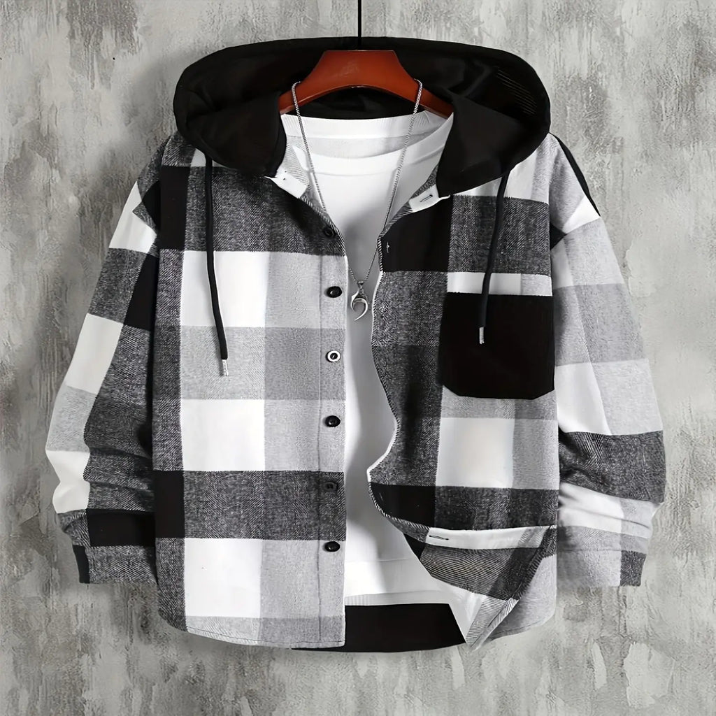 Men's Hooded Plaid Long Sleeve Shirt with Pockets