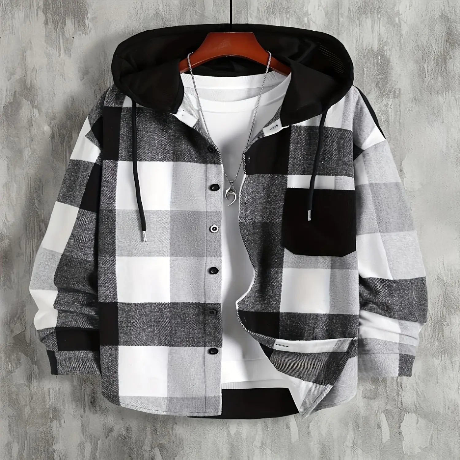 Men's Hooded Plaid Long Sleeve Shirt with Pockets